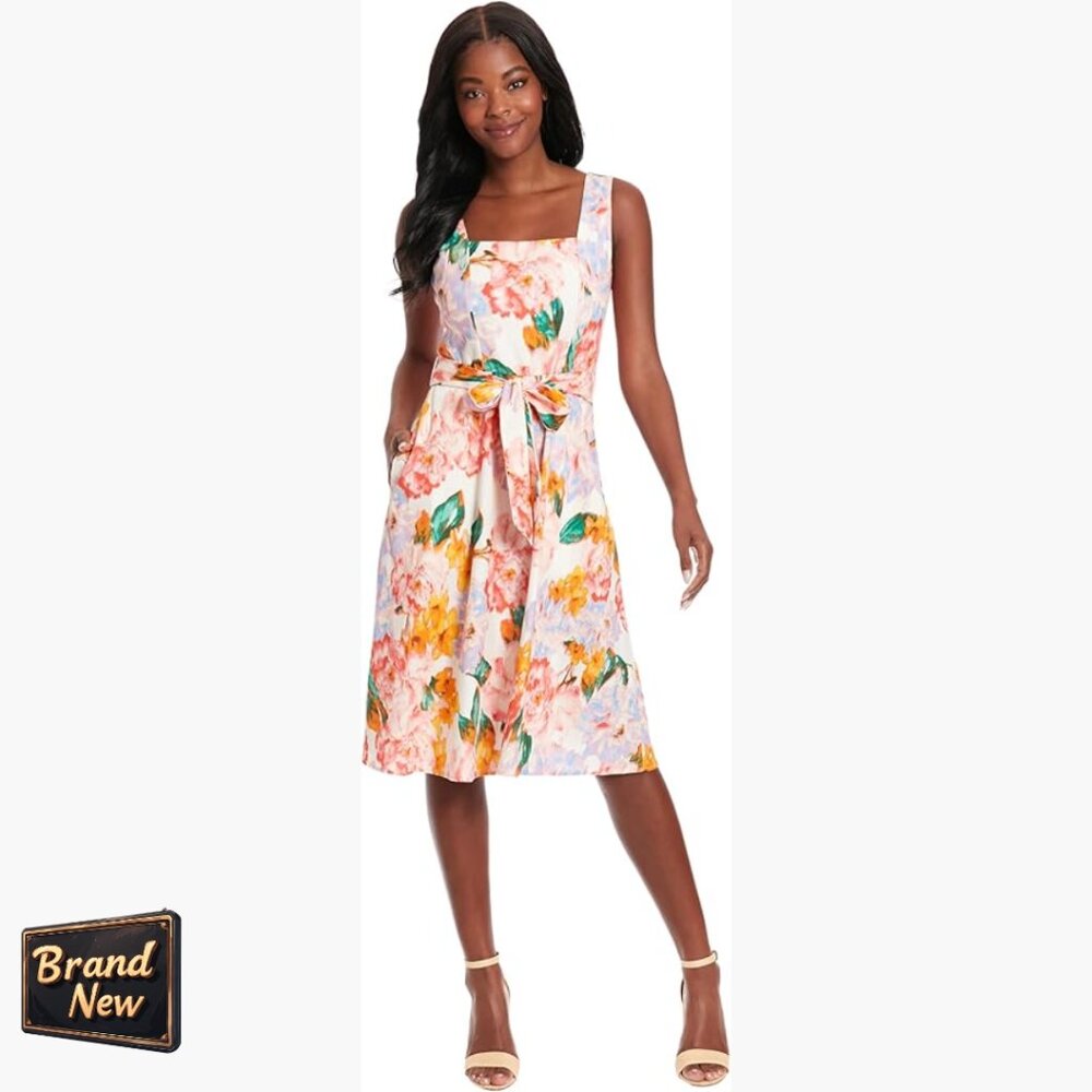 Floral Fit And Flare Dress With Pockets, Knee Length, Linen Blend